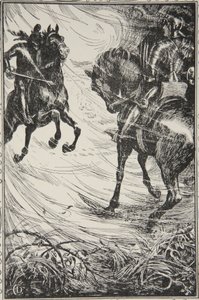 痛みはコンテスト、ベアトリス・クレイの「アーサー王と円卓の物語」のイラスト、1905年、1905年 作： Dora Curtis